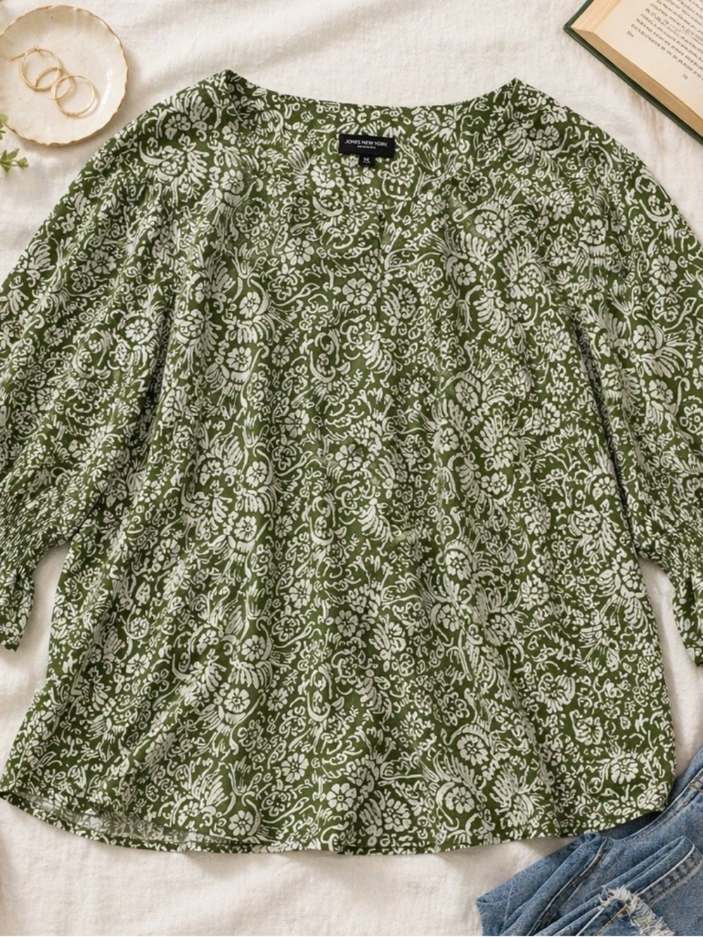 Jones New York Green Floral Blouse 3X Smocked Sleeve Boho Cottagecore Top - Picture 2 of 8